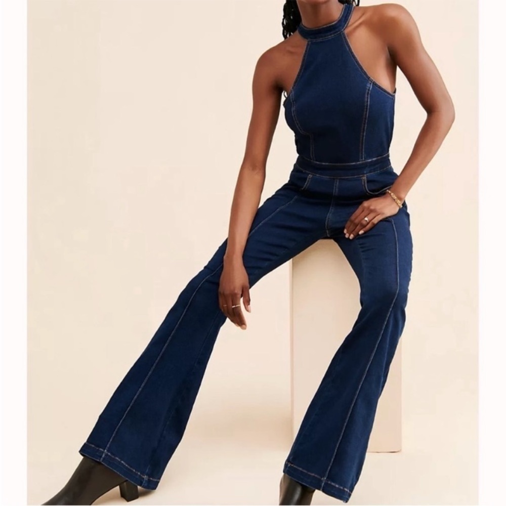 New! Free People curvy Sydney denim halter neck flare leg jumpsuit 28039